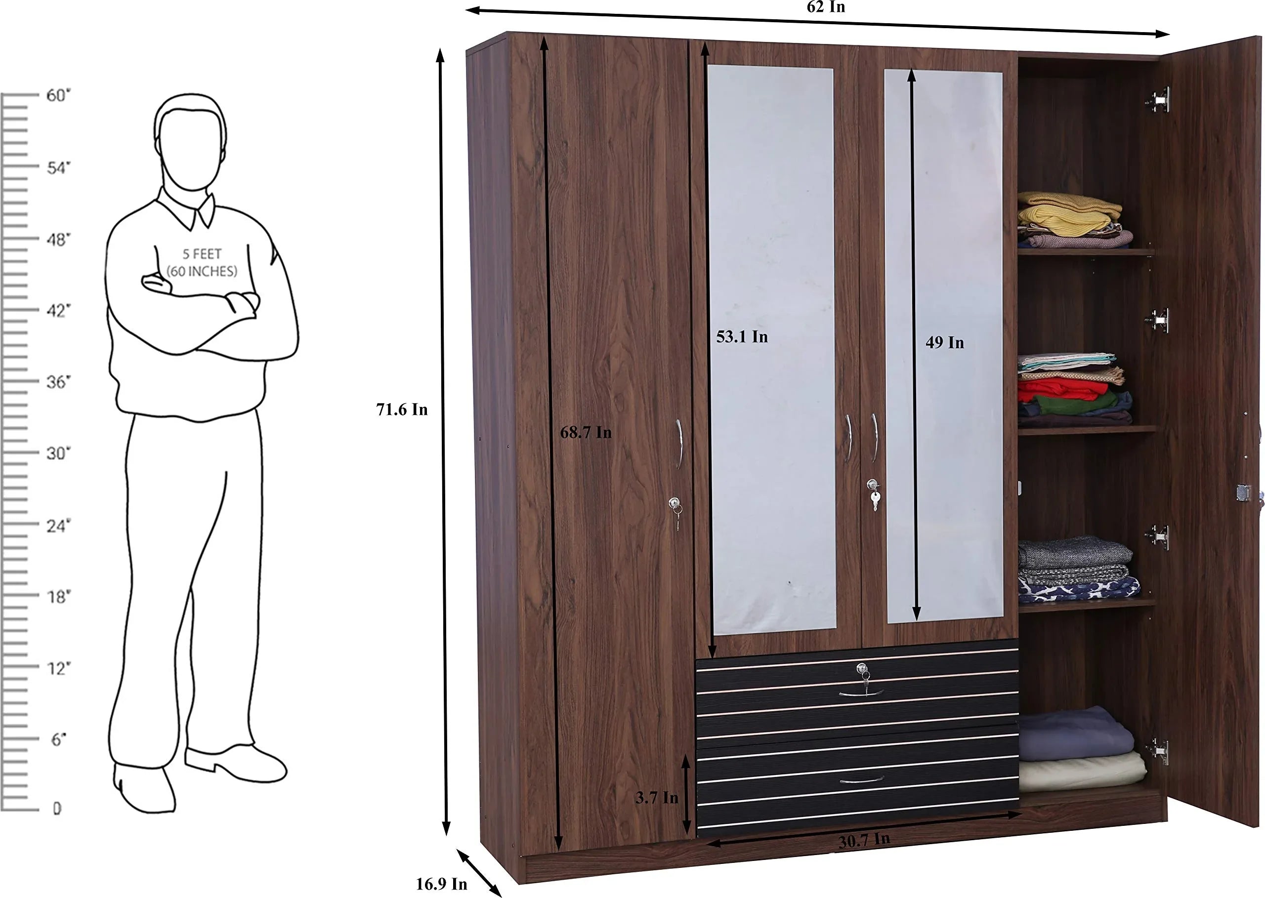 Molly Engineered Wood Four Door Wardrobe with Mirror in Walnut Finish - HomeTown