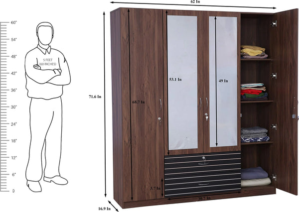 Molly Engineered Wood 4 Door Wardrobe with Mirror in Walnut Finish dimensions