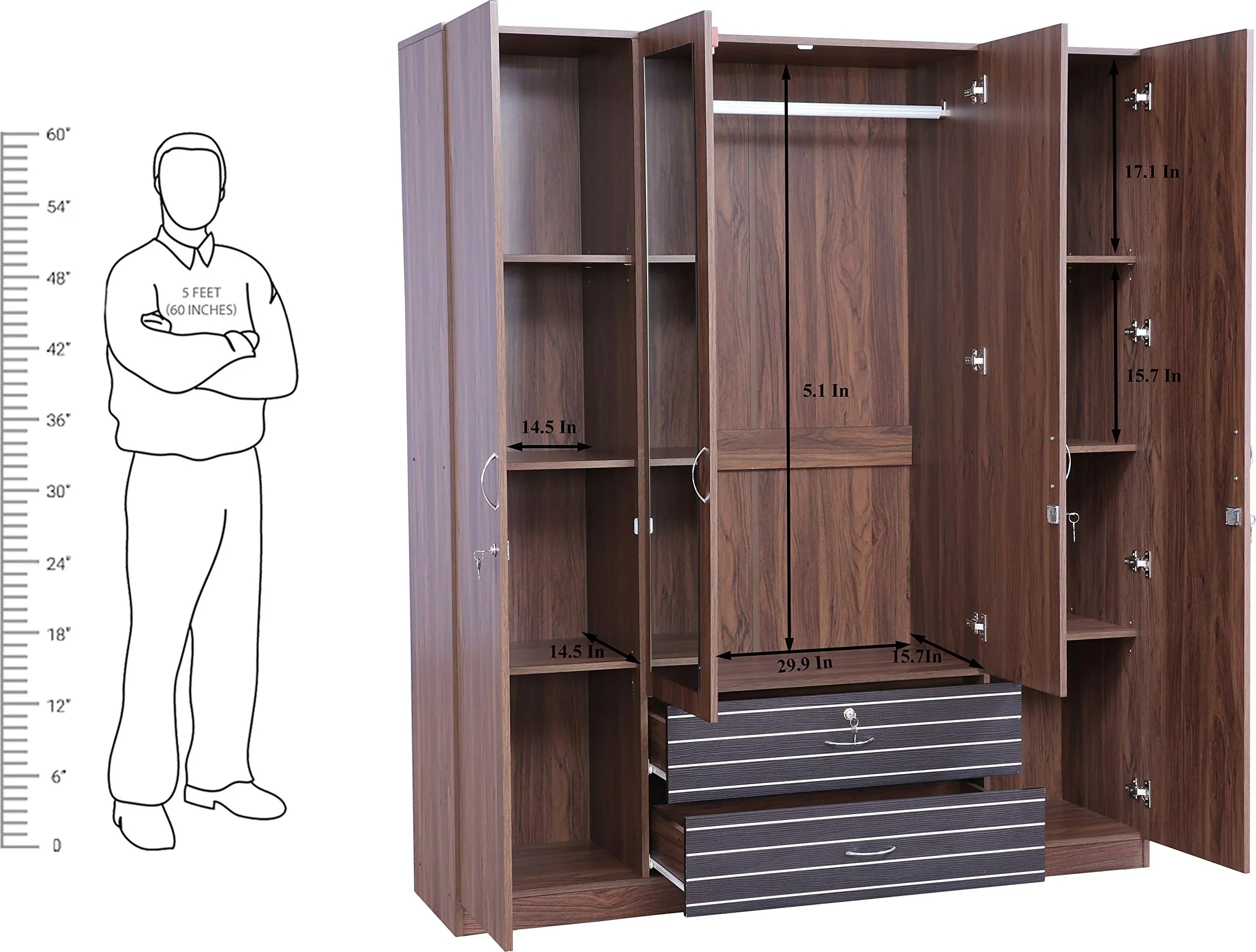 Molly Engineered Wood Four Door Wardrobe with Mirror in Walnut Finish - HomeTown