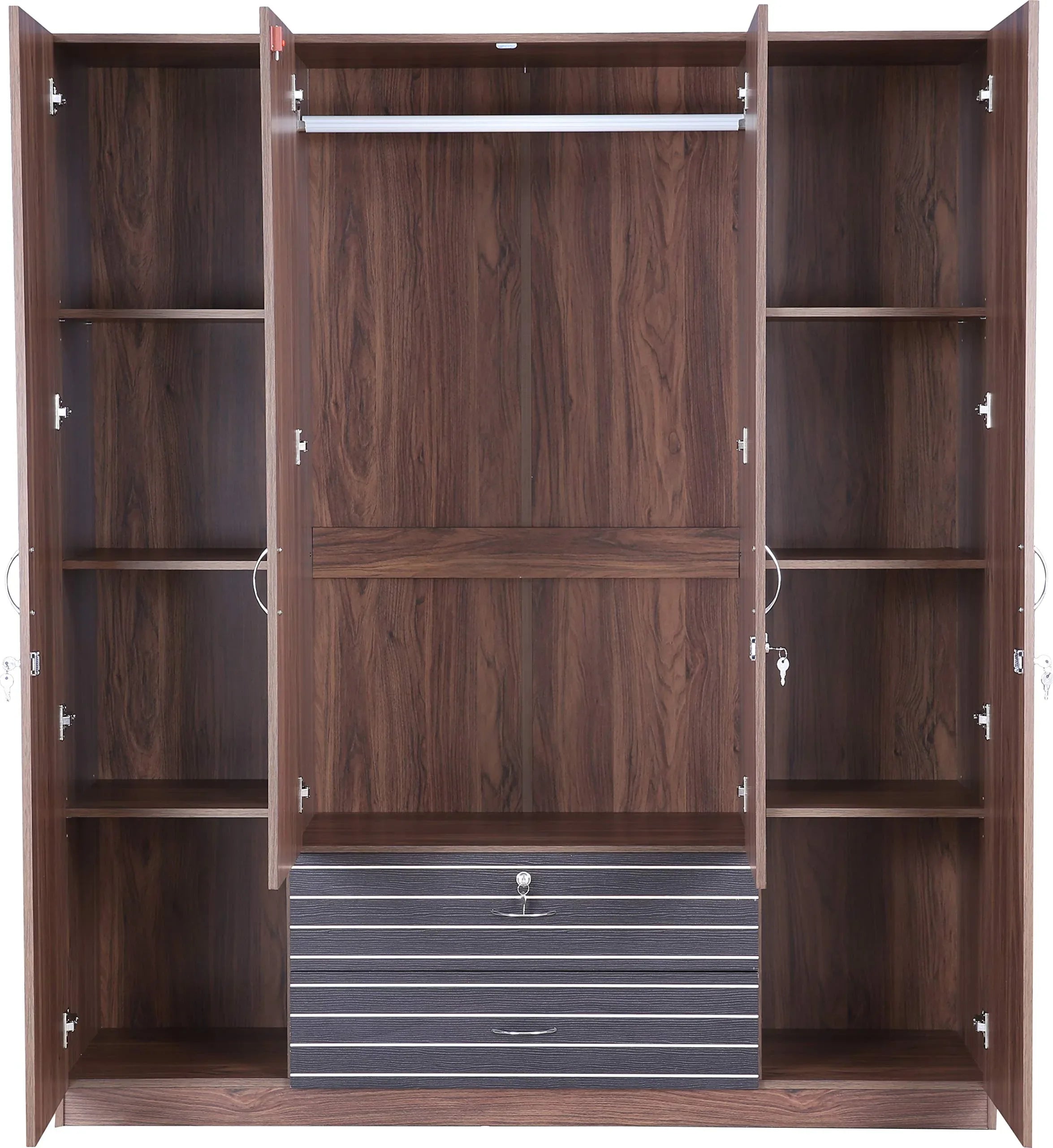 Molly Engineered Wood Four Door Wardrobe with Mirror in Walnut Finish - HomeTown