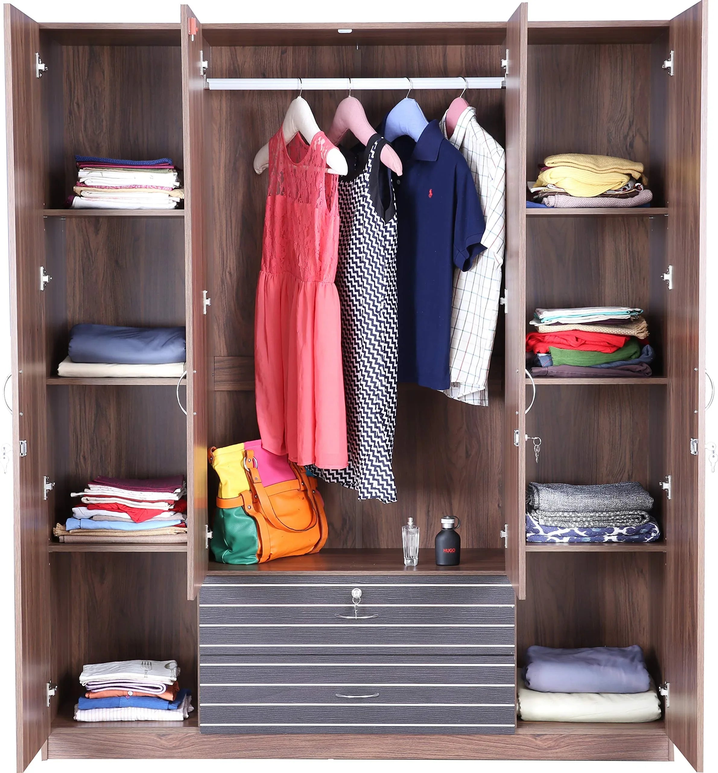 Molly Engineered Wood Four Door Wardrobe with Mirror in Walnut Finish - HomeTown