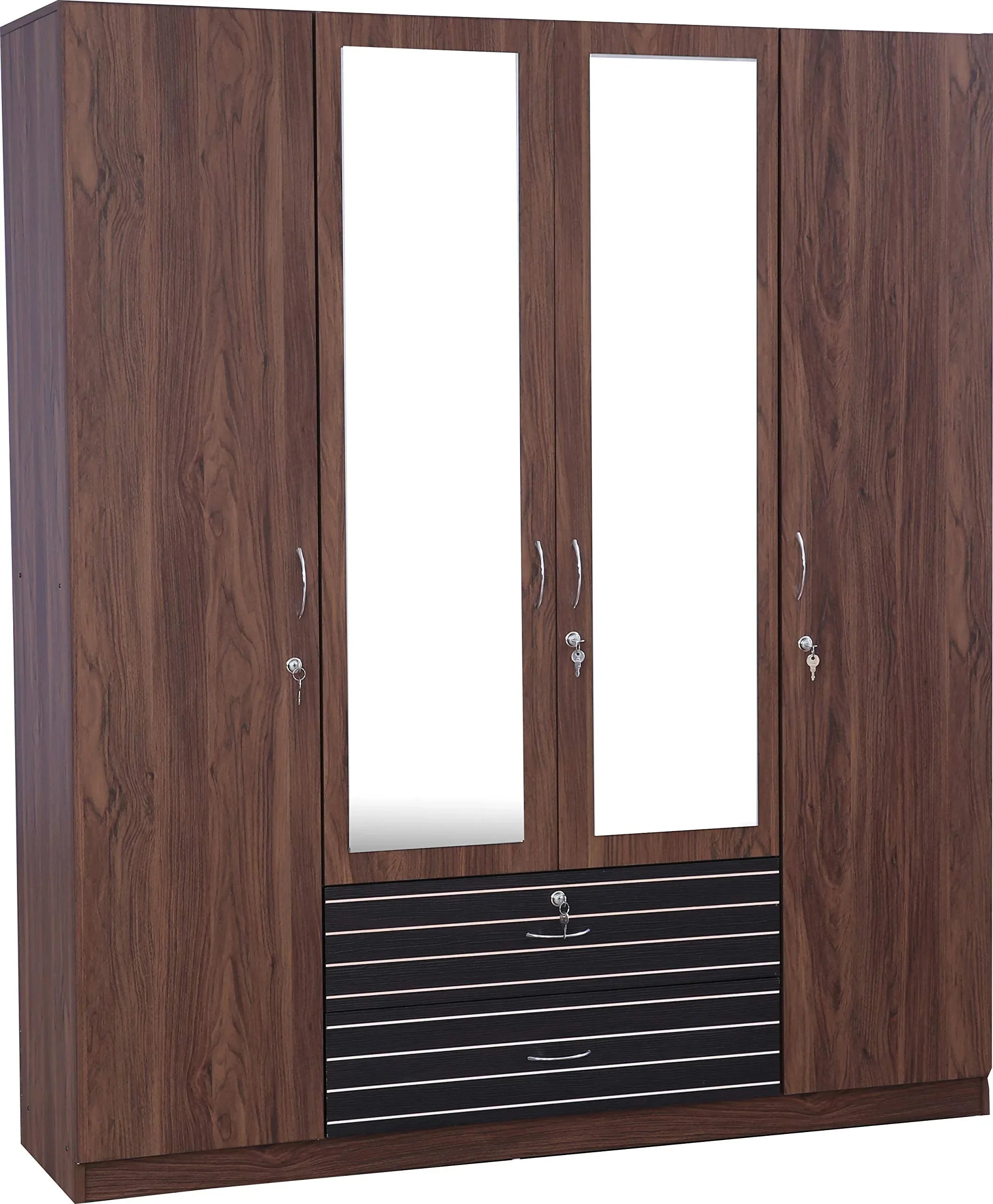 Molly Engineered Wood Four Door Wardrobe with Mirror in Walnut Finish - HomeTown