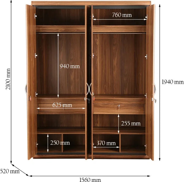 Archer Four door Wardrobe in Walnut Colour dimensions
