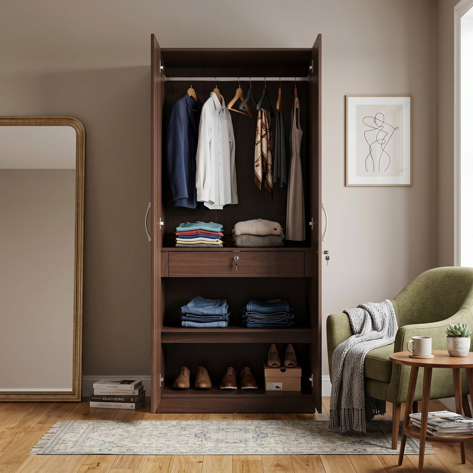 ALLEN PLUS 2 DOOR WARDROBE WITH MIRROR WALNUT
