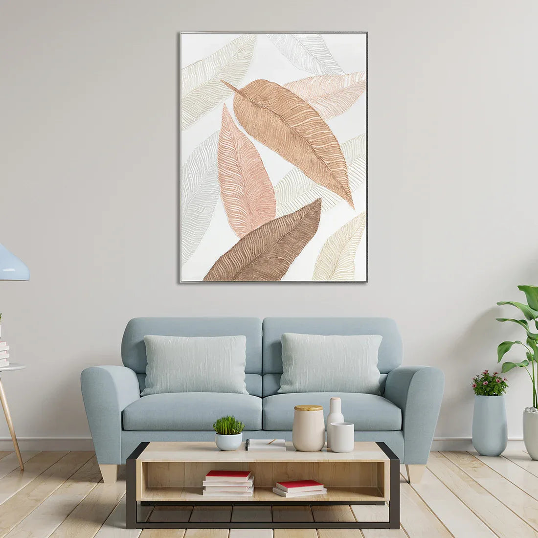Ilsa embossed leaf hand finished canvas painting beige 90x120cm - HomeTown