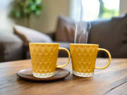 Living Essence Embossed Bone China Mug 350ml Set of 2 Pcs in Mustard Colour
