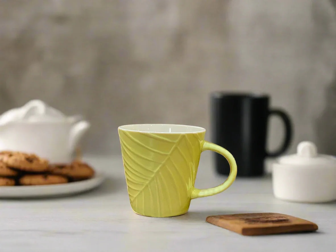 Living Essence Embossed Bone China Mug 320ml Set of 2Pcs in Green Colour - HomeTown