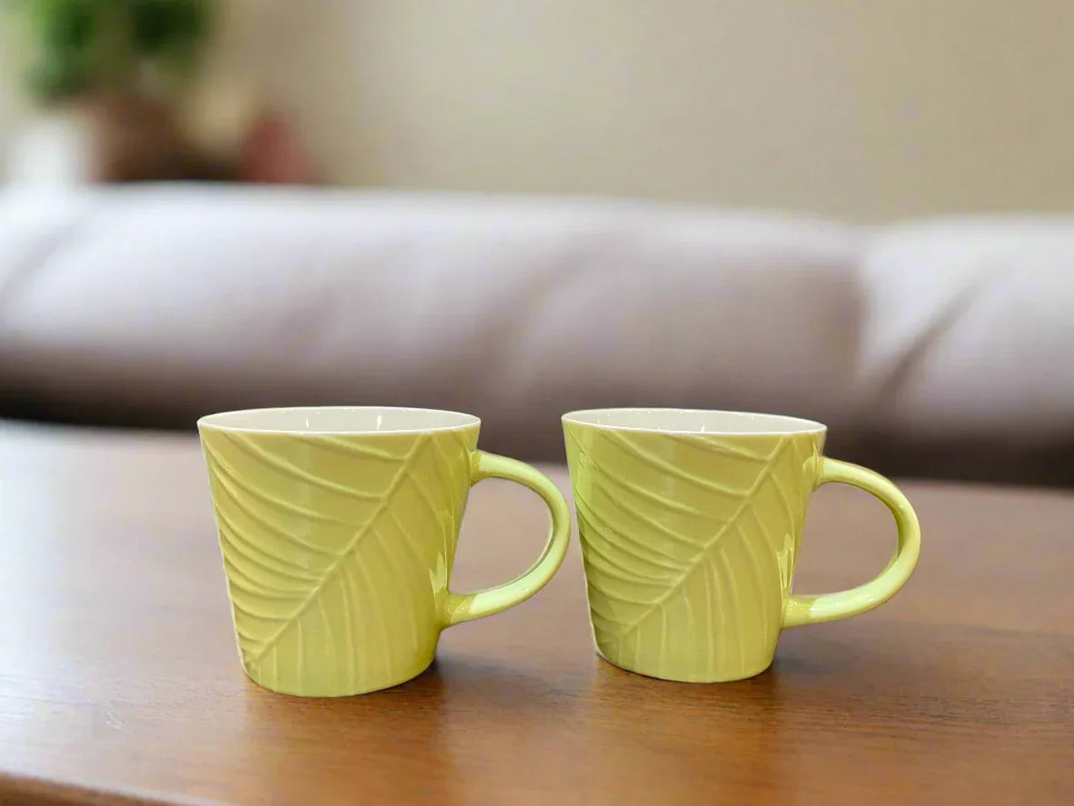 Living Essence Embossed Bone China Mug 320ml Set of 2Pcs in Green Colour - HomeTown
