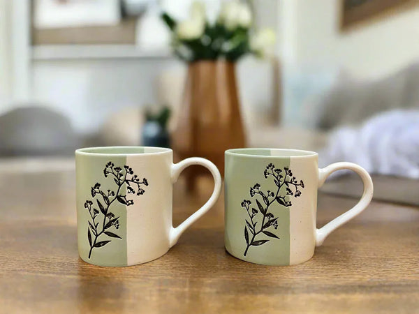 Living Essence Wildflower Stoneware Mug 330ml Set of 2Pcs in White & Green Colour dimensions