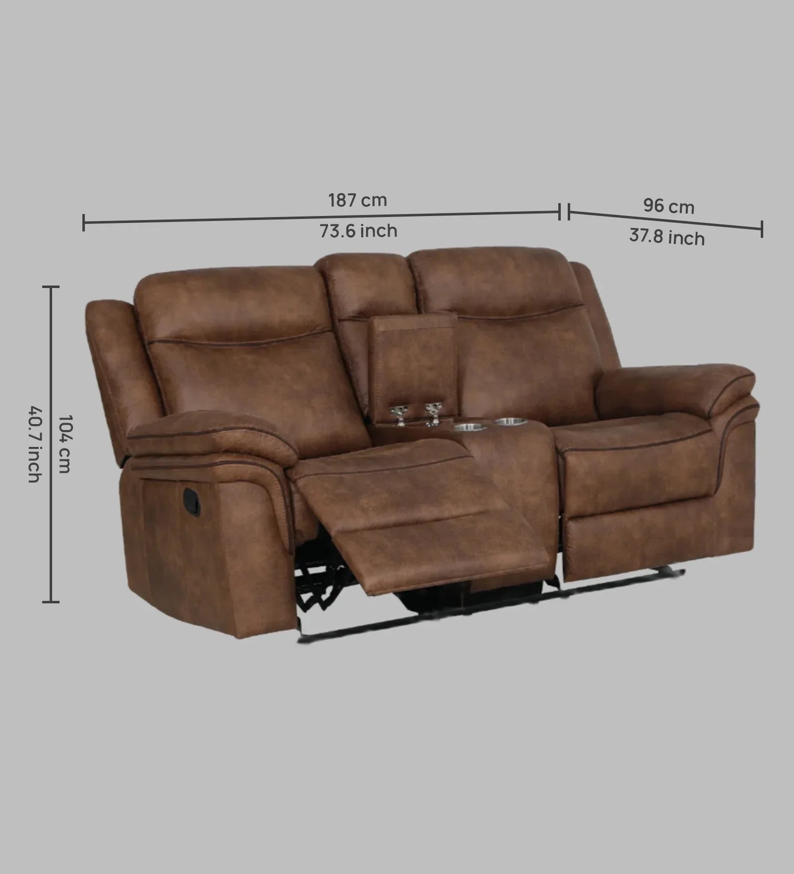 Liora 2 Seater Fabric Rocker + Recliner With Console in Brown Colour - HomeTown