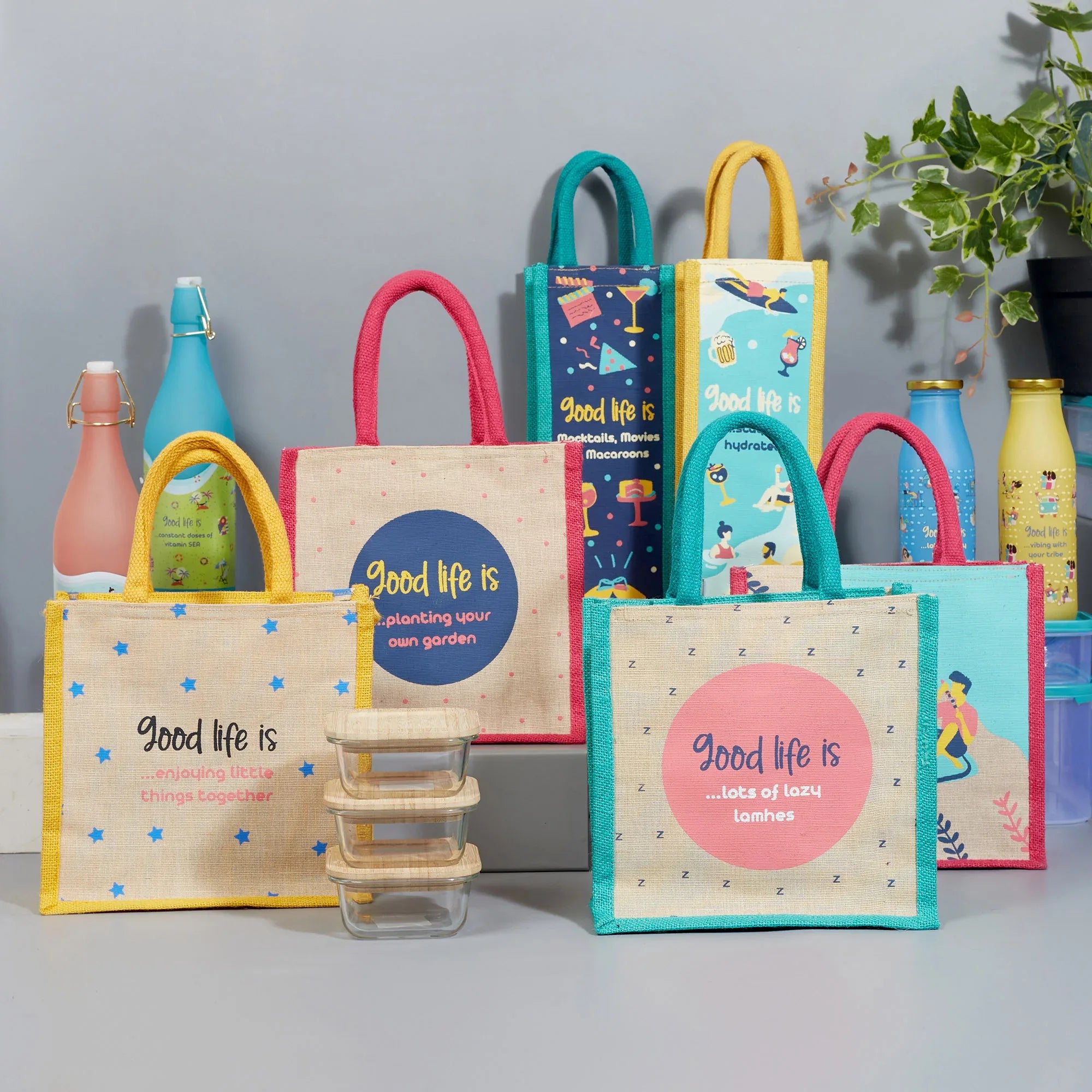 Good Life Jute Reversible Stay Hydrated Printed Zuco Bottle Bag 12 x 35.5 Cm in Turq & Yellow Colour - HomeTown