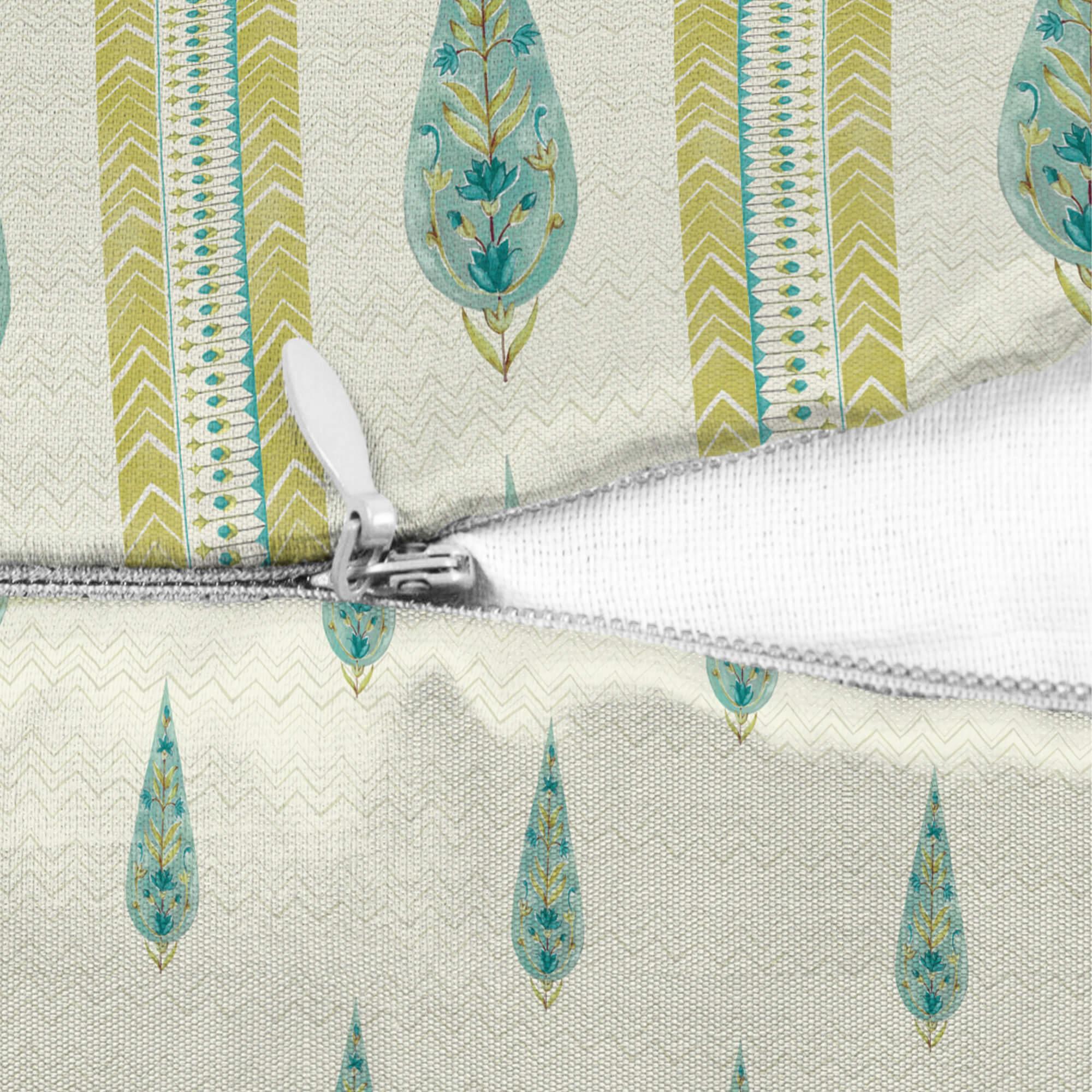 Indian Botanical Reversible Stripe Digital Printed Cushion Cover 40x40 Cm in Aqua Colour - HomeTown