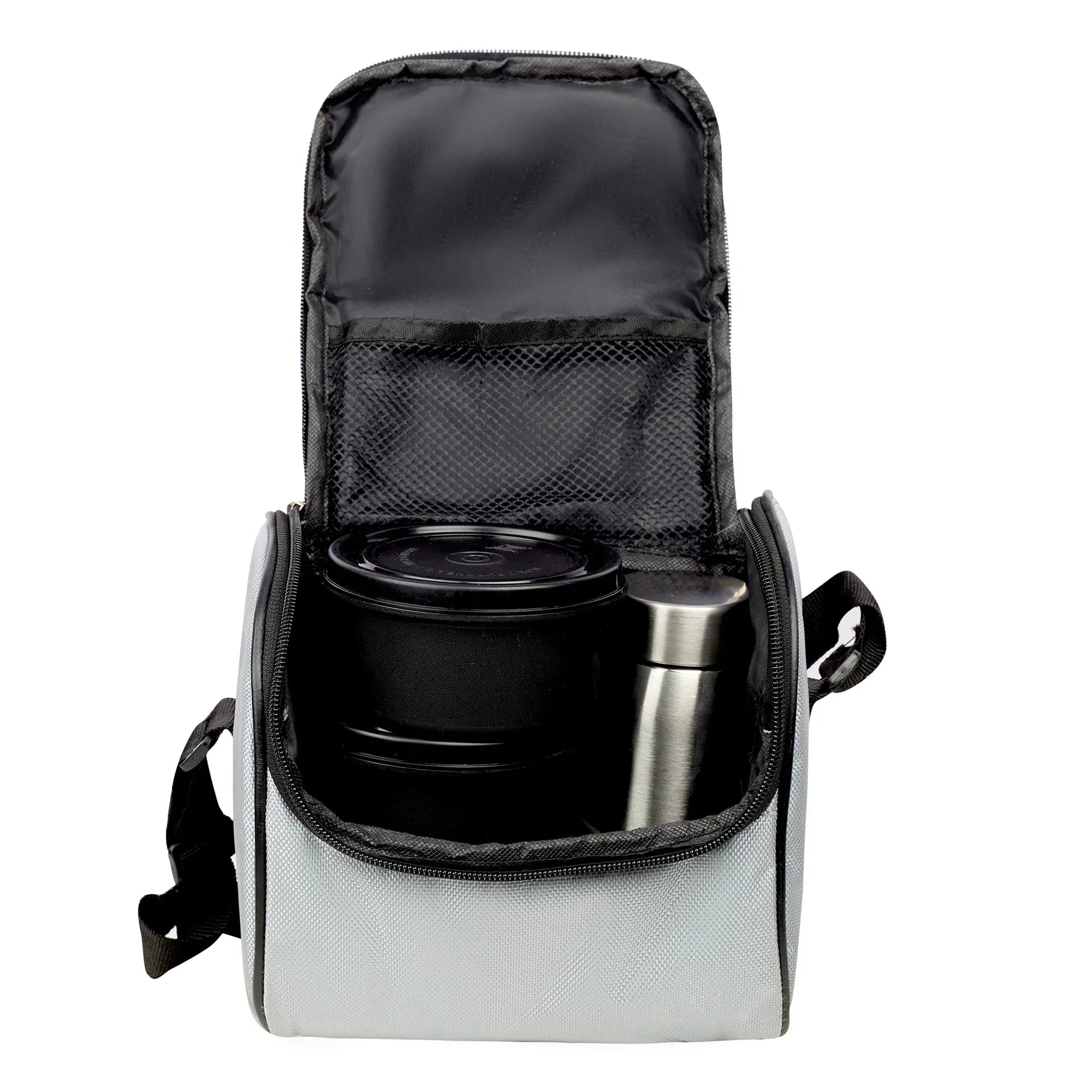 Microsafe 100% BPA Free Plastic & Stainless Steel Exa Lunch Box 400ml Set of 3 + Steel Bottle 500ml + Spoon + Carry Bag in Grey Colour - HomeTown