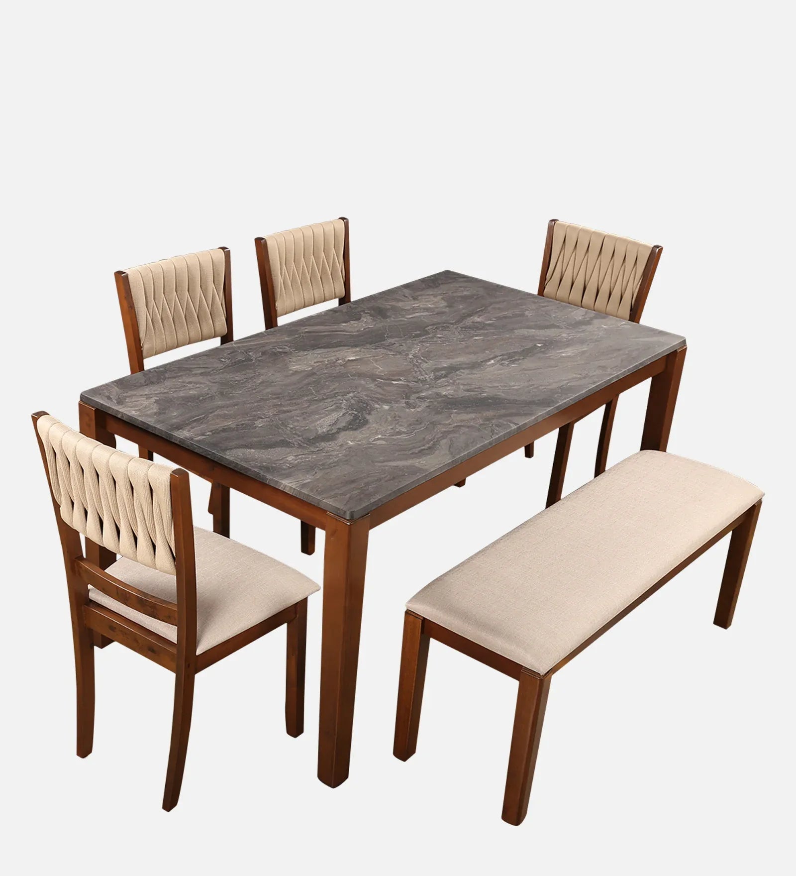 Quest Marble Top Six Seater Dining Set With Bench in Walnut Colour - HomeTown