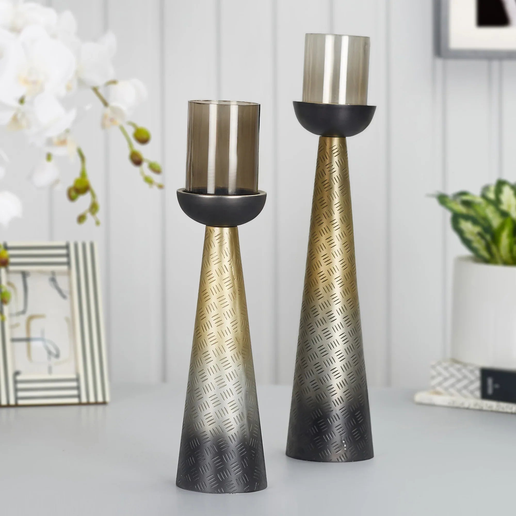 Zeus Iron and Glass Ombre Conical Candle Holder 10x47 Cm in Antique Gold & Black Colour - HomeTown