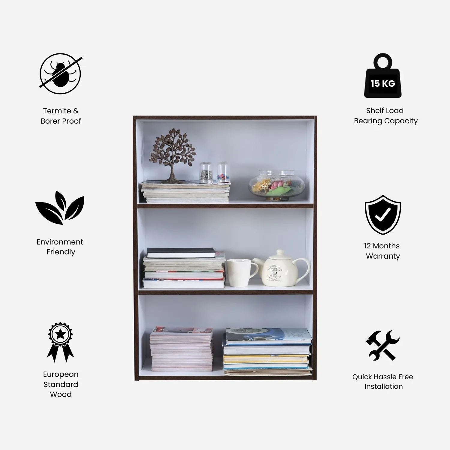 Mezzola Engineered Wood 3 Tier Bookshelf Large in Wenge Colour - HomeTown