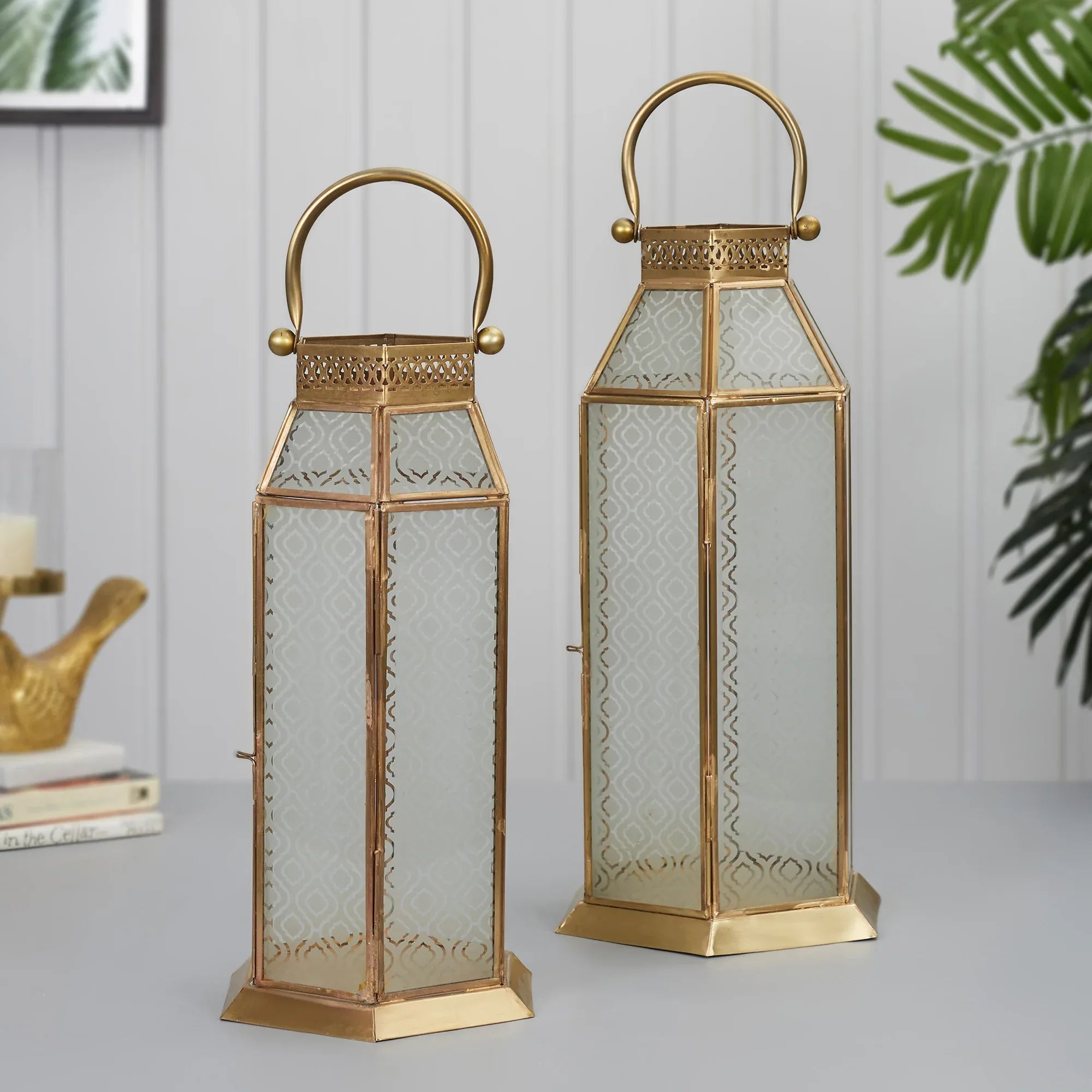 Apollo Iron and Glass Hexagon Lantern 19x37 Cm in Emerald & Gold Colour - HomeTown