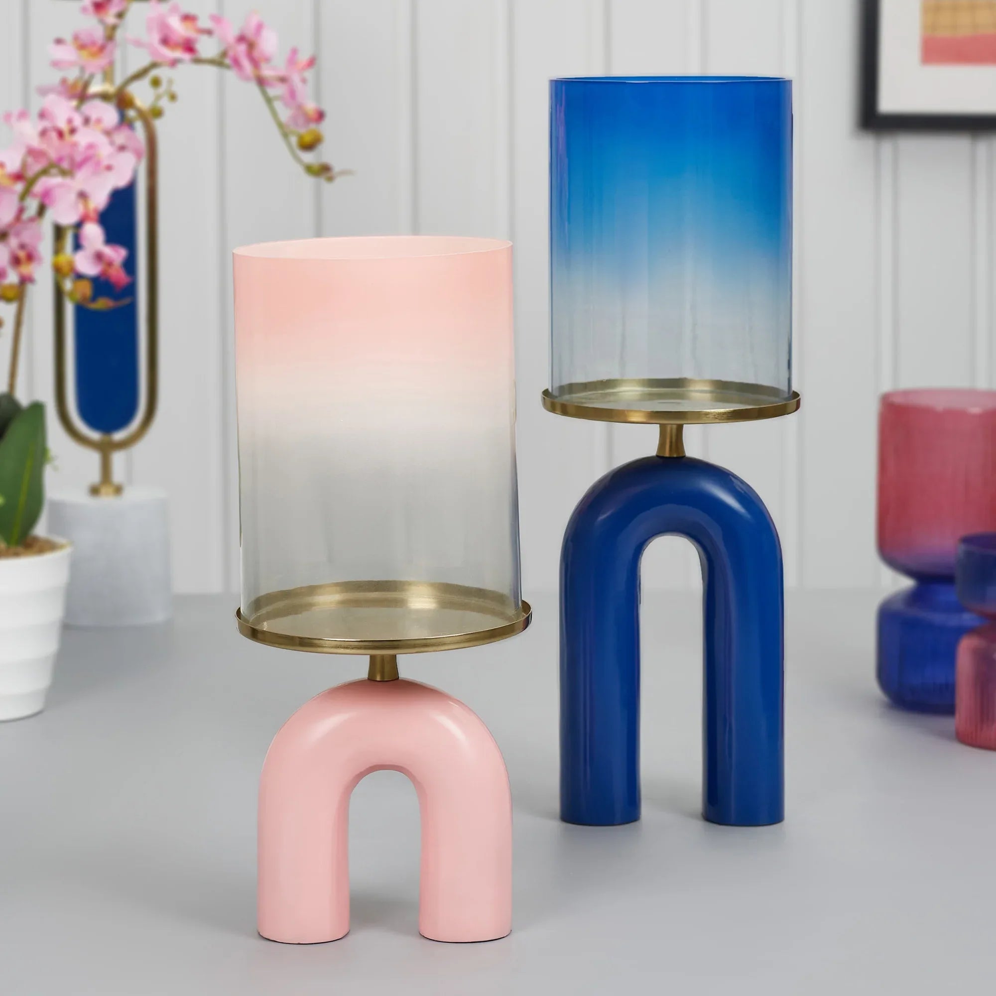 Athena Aluminium and Glass Rainbow Candle Holder 15x41 Cm in Navy Blue Colour - HomeTown