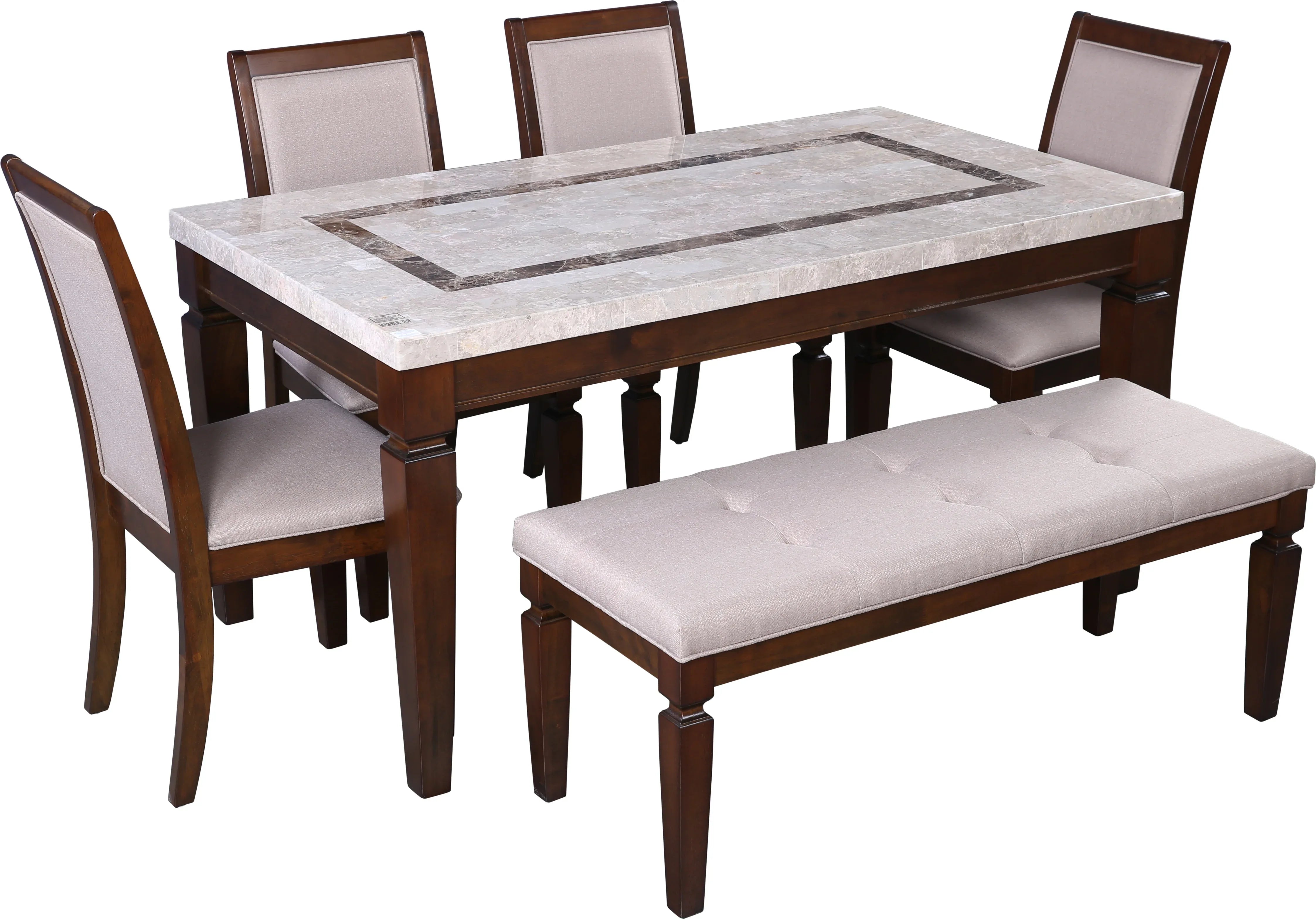 Bliss Marble Top 6 Seater Set with Bench with Inlay in Beige Colour - HomeTown