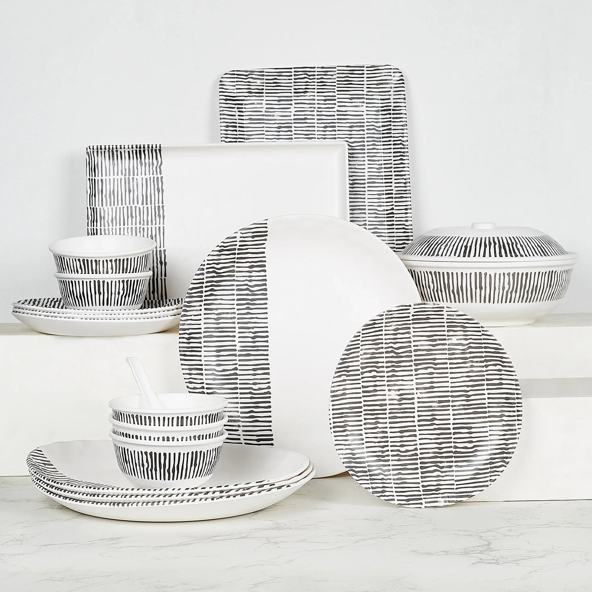 Linea Melamine Serving Bowl with Lid in Black & White Colour - HomeTown