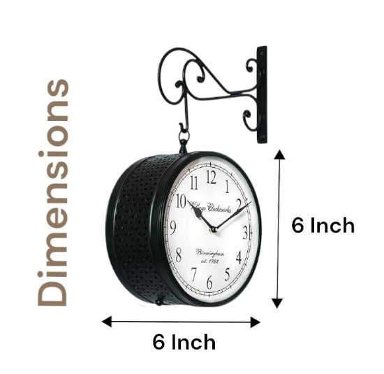 Vedas Anvi Metal Vintage Double Sided Analog Wall Clock | Railway Station Antique Decorative Clock with Black Finishing for Home, Office, Gym, Classroom (Color: Black) (6 - Inch)