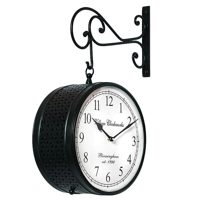 Vedas Anvi Metal Vintage Double Sided Analog Wall Clock | Railway Station Antique Decorative Clock with Black Finishing for Home, Office, Gym, Classroom (Color: Black) (6 - Inch)