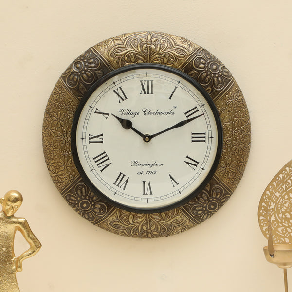 Vedas C-Zeya Heritage Wooden Polished and Brass Metal Fit Wall Clock with Dial dimensions