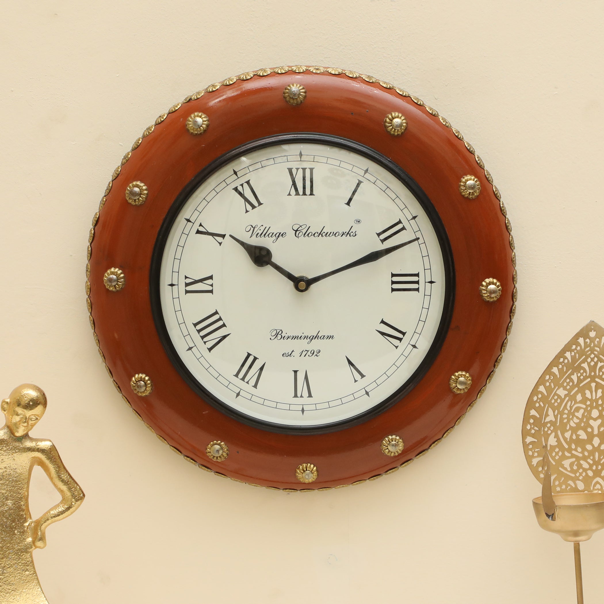 Vedas C-Harrow Heritage Wooden Polished and Brass Metal Fit Wall Clock with Dial