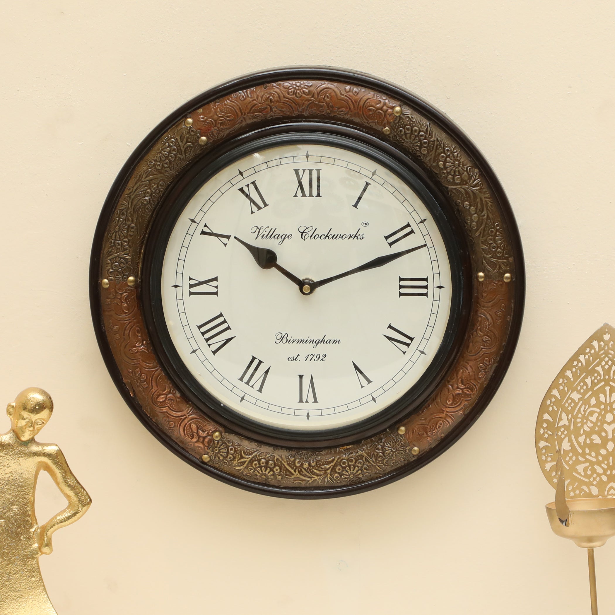 Vedas C-Bourbone Heritage Wooden Polished and Brass Metal Fit Wall Clock with Dial