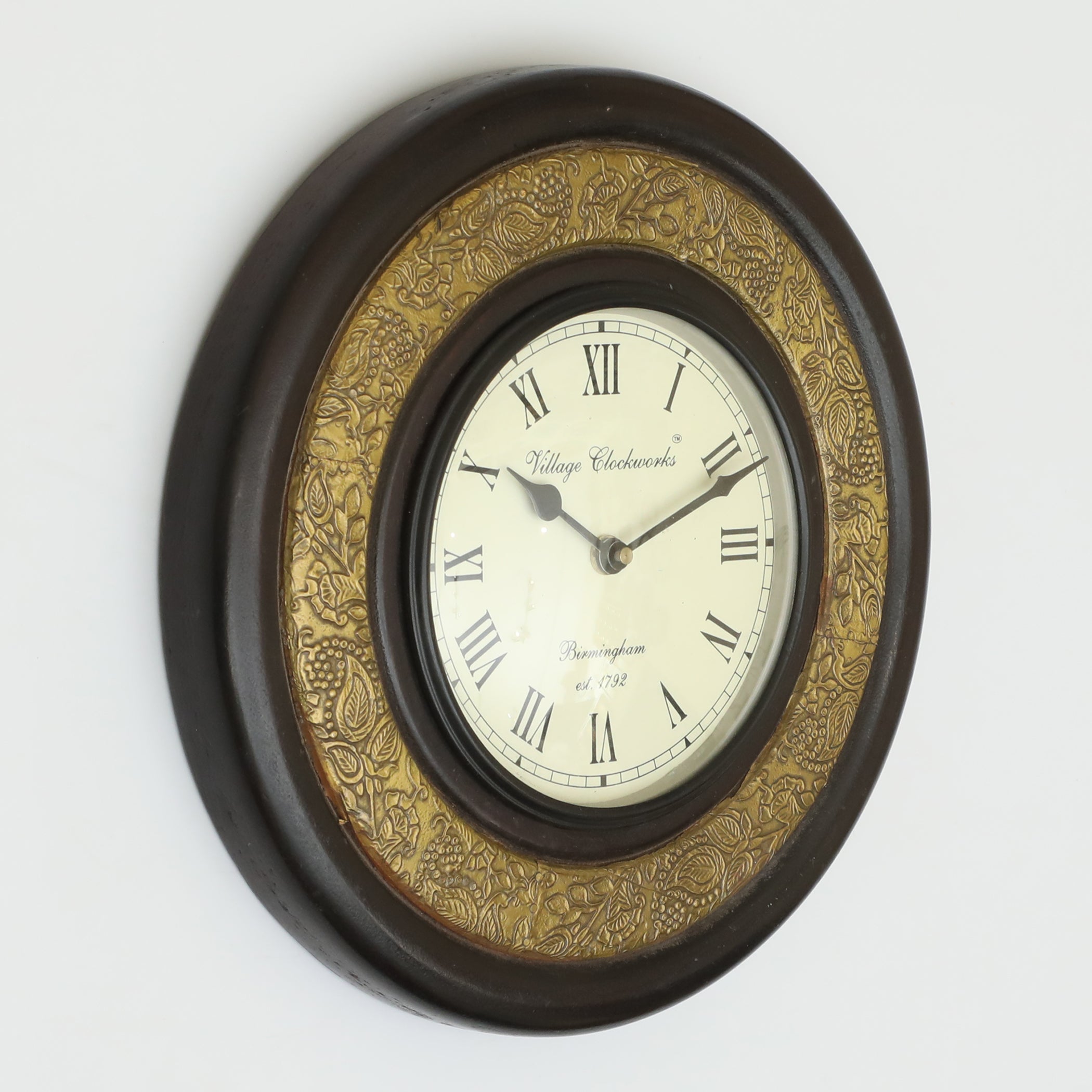Vedas C-Navish Heritage Wooden Polished and Brass Metal Fit Wall Clock with Dial