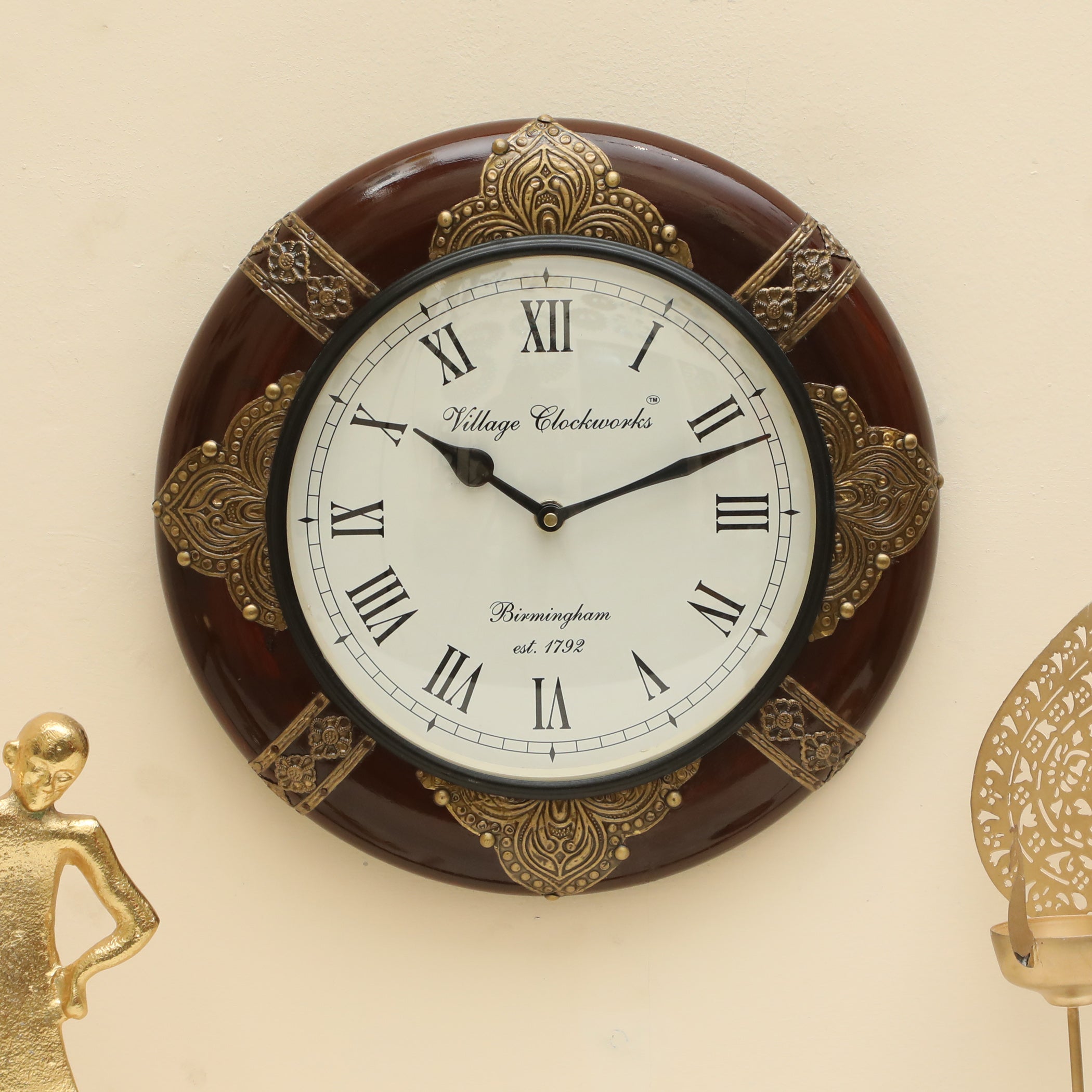 Vedas C-Duffy Heritage Wooden Polished and Brass Metal Fit Wall Clock with Dial