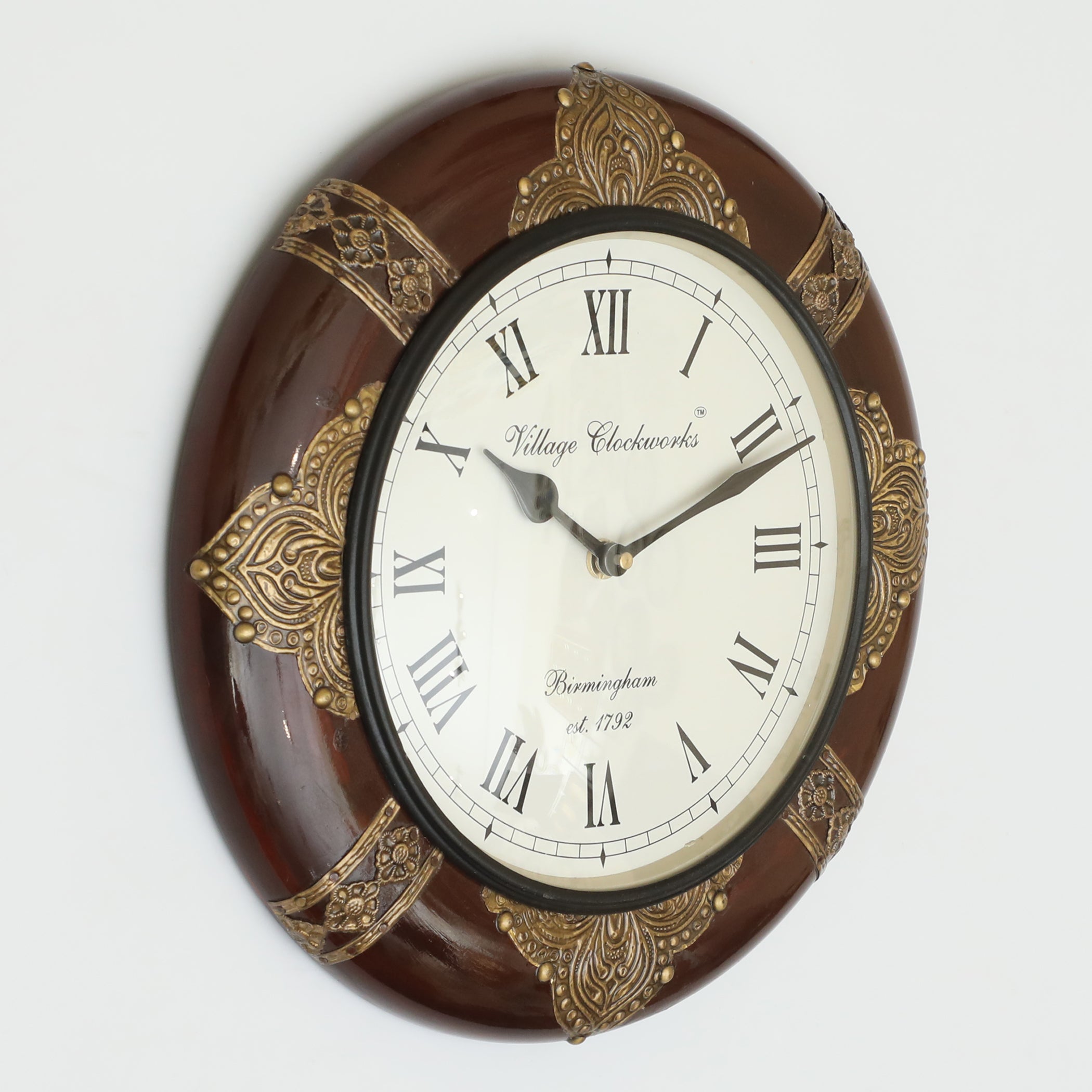Vedas C-Duffy Heritage Wooden Polished and Brass Metal Fit Wall Clock with Dial