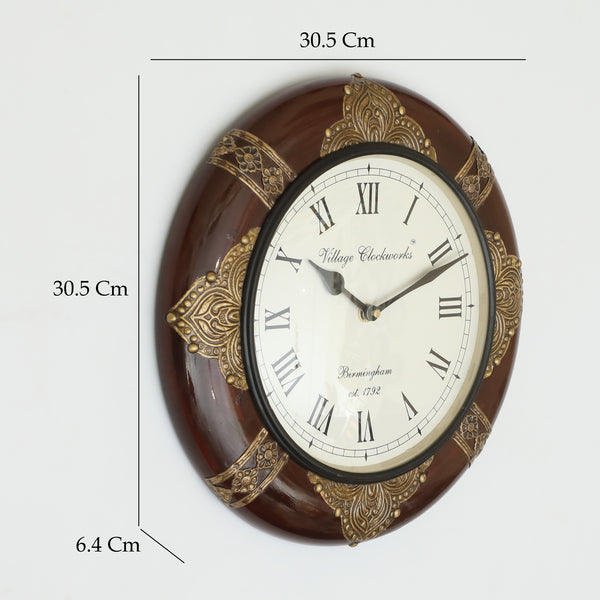 Vedas C Duffy Heritage Wooden Polished and Brass Metal Fit Wall Clock with Dial dimensions