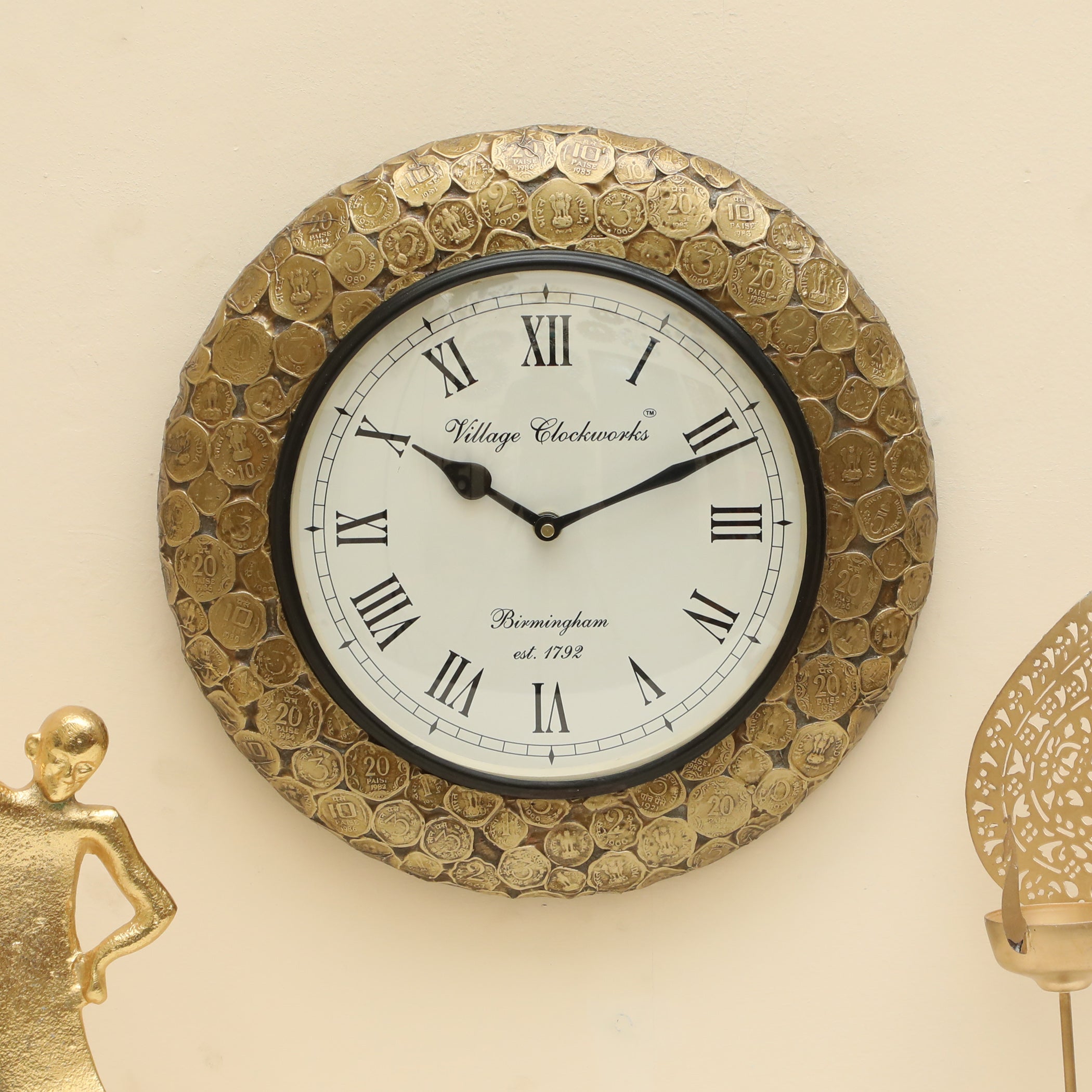 Vedas C-Rolling Coins Heritage Wooden Polished Wall Clock with Dial  Small