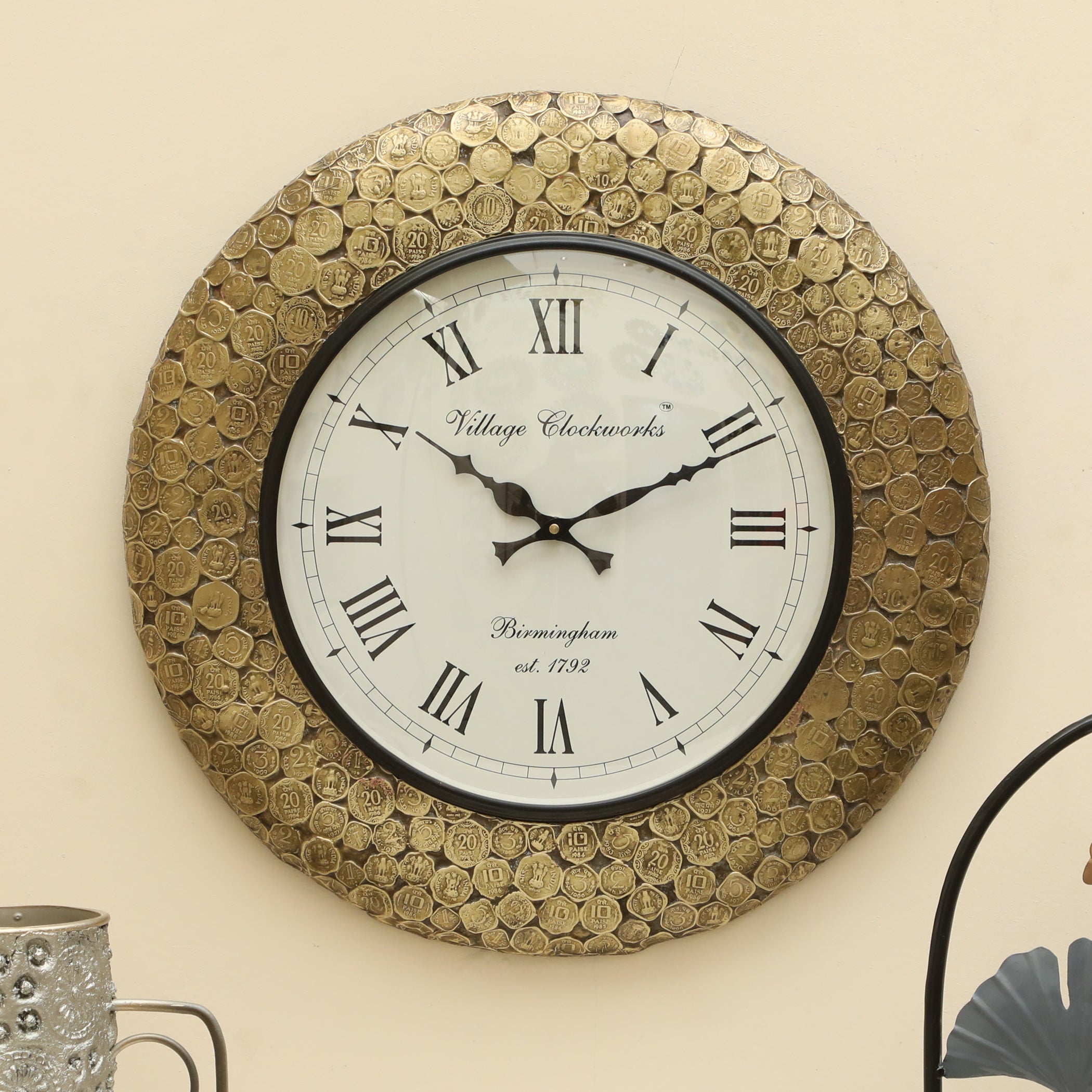 Vedas C-Rolling Coins Heritage Wooden Polished Wall Clock with Dial Big