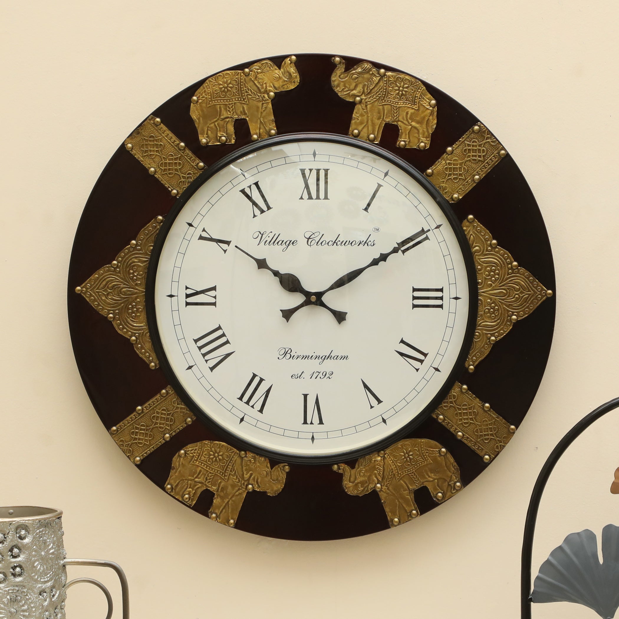 Vedas C-Palo Heritage Wooden Polished and Brass Metal Fit Wall Clock with Dial