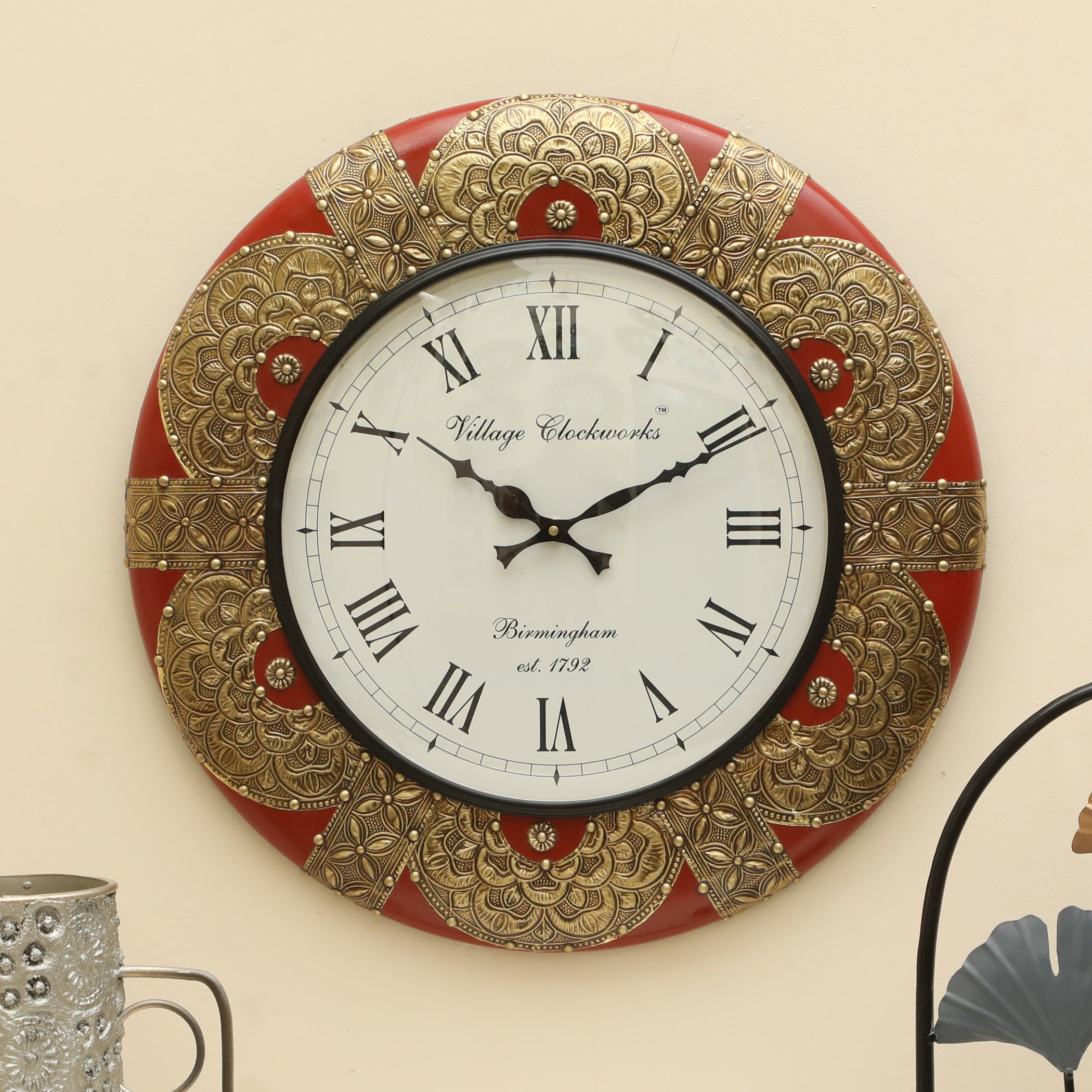 Vedas C-Loop Heritage Wooden Polished and Brass Metal Fit Wall Clock with Dial