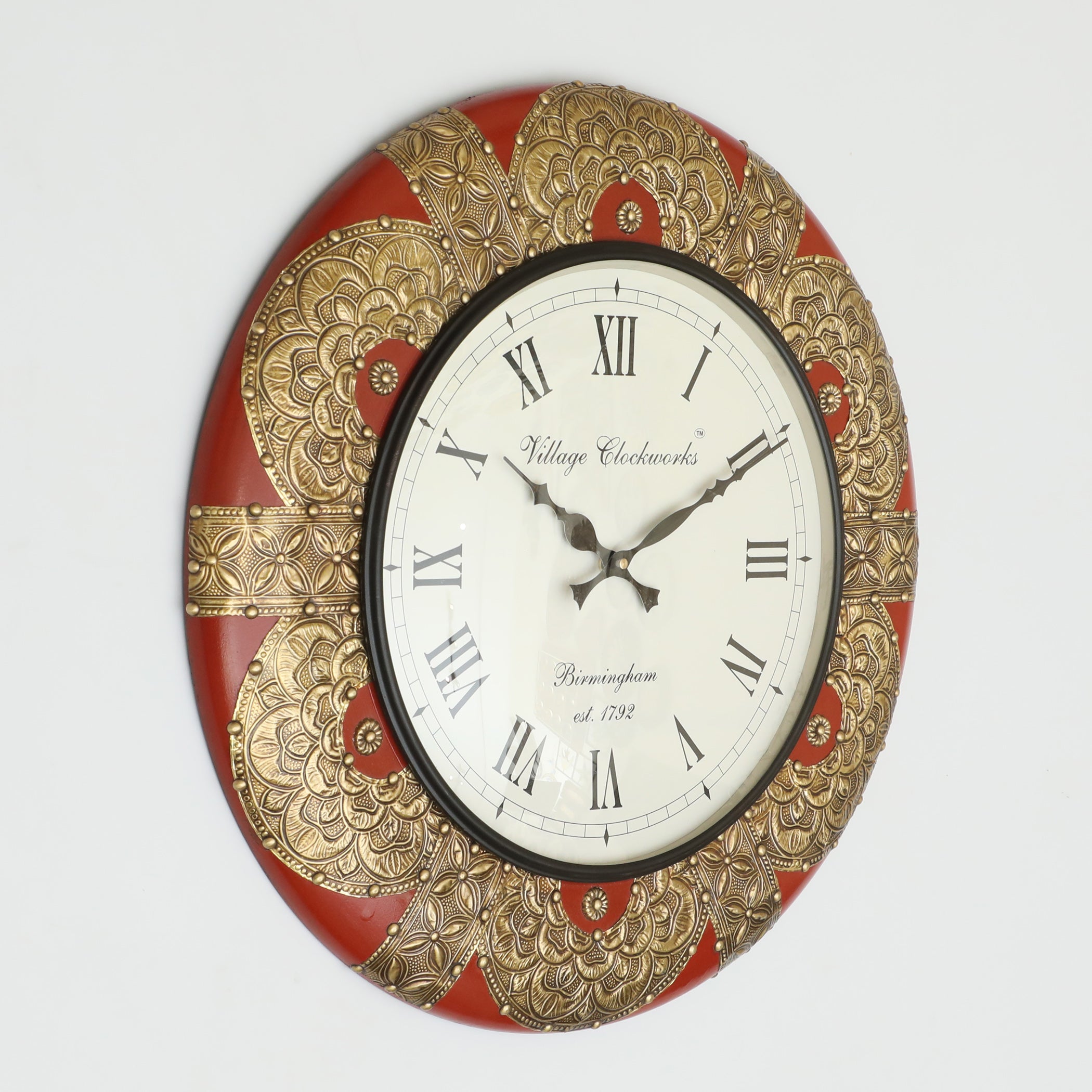 Vedas C-Loop Heritage Wooden Polished and Brass Metal Fit Wall Clock with Dial