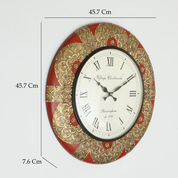Vedas C Loop Heritage Wooden Polished and Brass Metal Fit Wall Clock with Dial dimensions