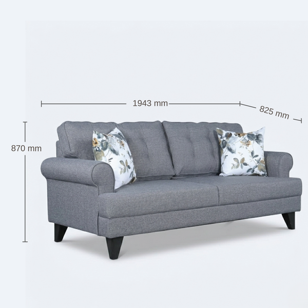 Paddington 3 Seater Sofa in Grey 100% Polyester Fabric dimensions
