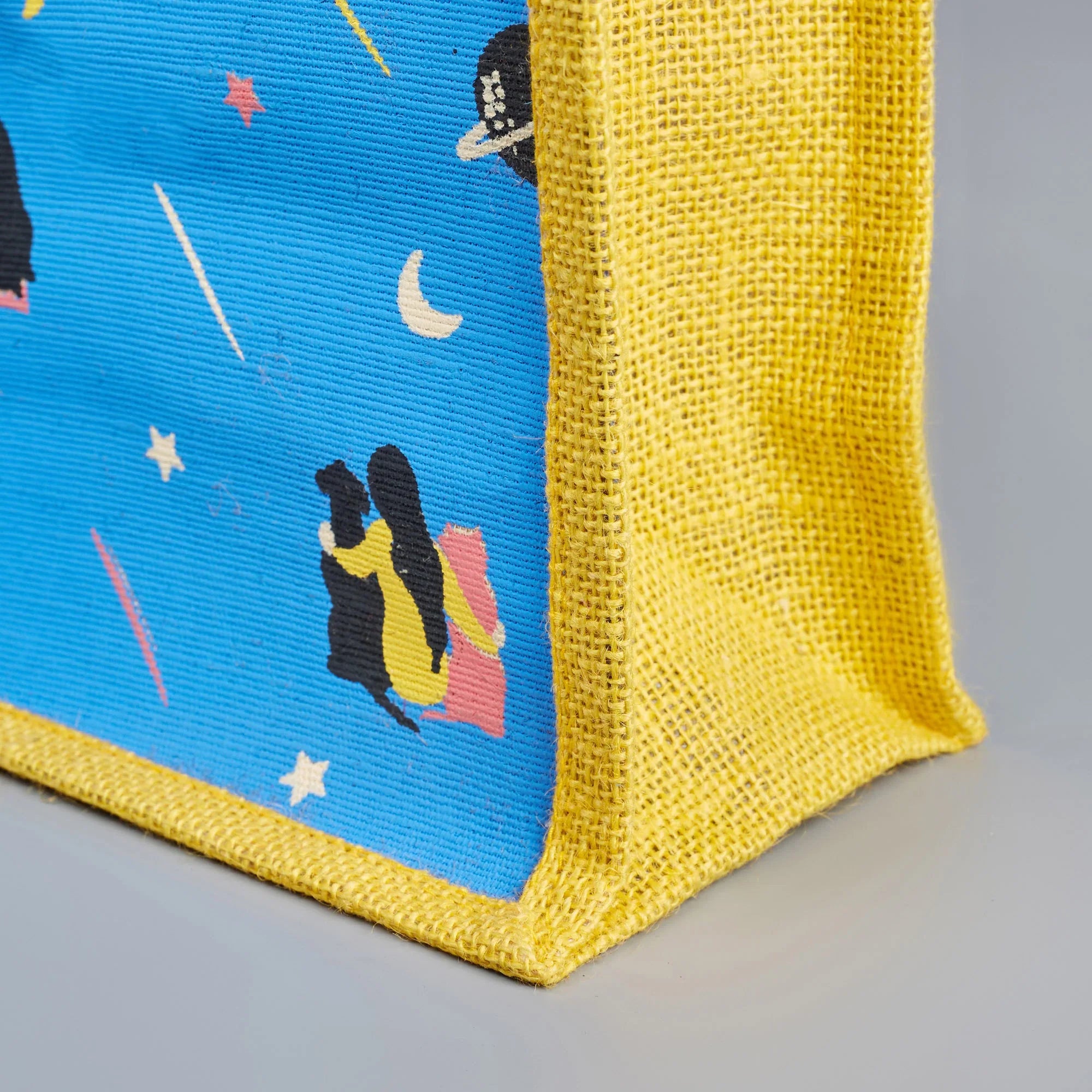Good Life Jute Reversible Stary Night Printed Lunch Bag 25.5 x 25.5 Cm in Navy Blue & Yellow Colour - HomeTown