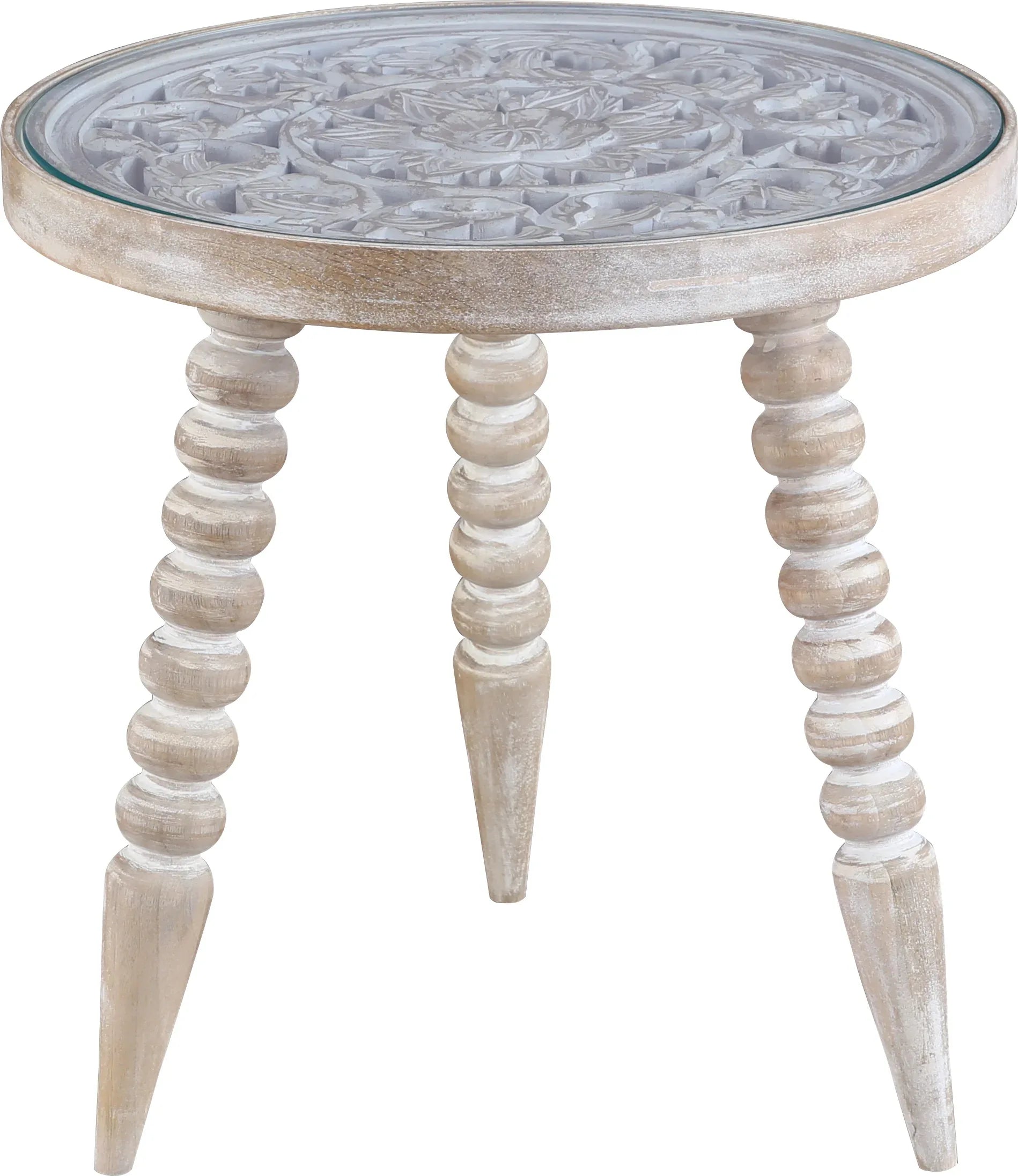 Antico Mango Wood Carved Stool in White Colour - HomeTown
