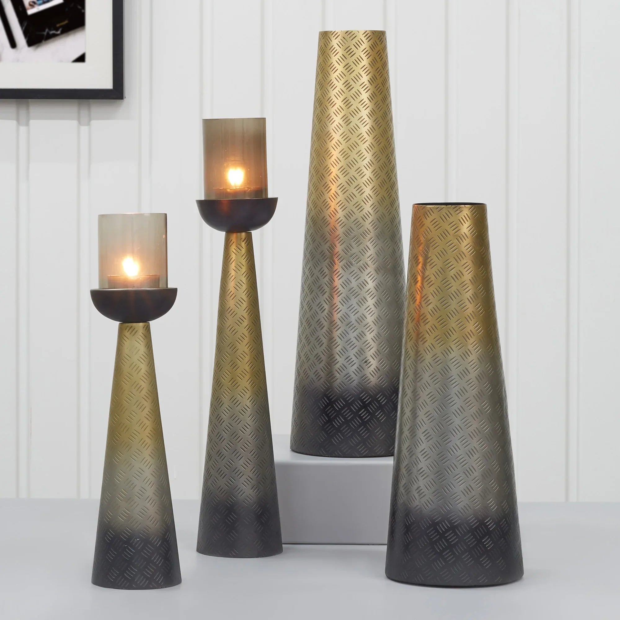 Zeus Iron and Glass Ombre Conical Candle Holder 10x47 Cm in Antique Gold & Black Colour - HomeTown