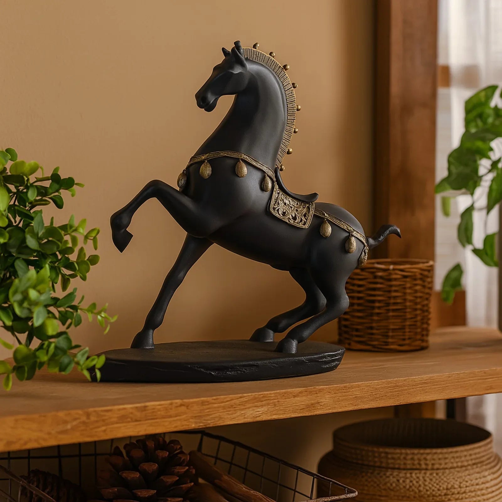 Calista Graceful Jumping Horse Figurine 32cm in Black Gold - HomeTown