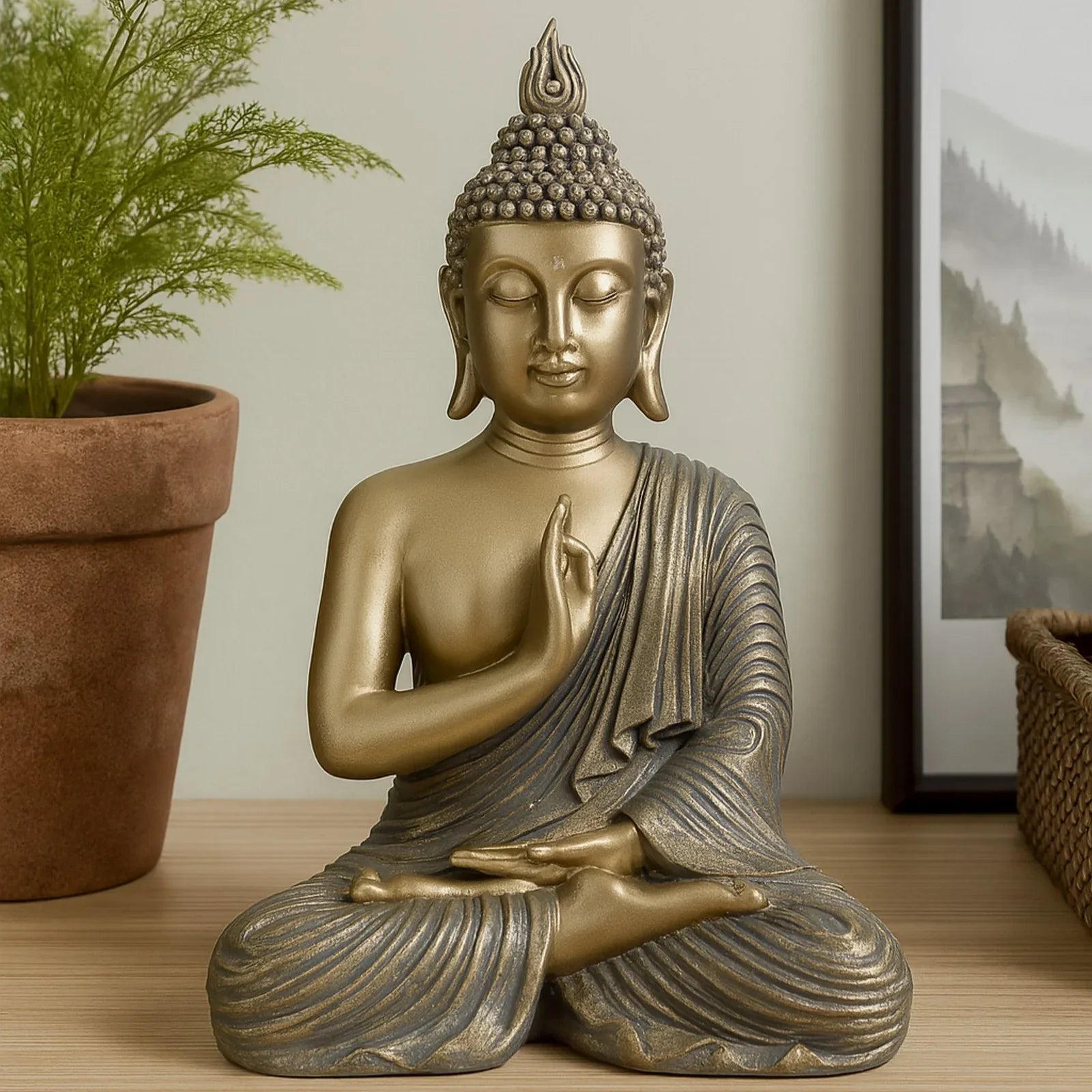 Diverse Expression Aesthetic & Calming Blessing Buddha Idol 27cm in Grey Gold - HomeTown