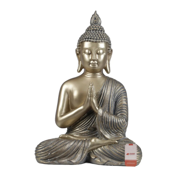Diverse Expression Aesthetic & Calming Praying Buddha Idol 27cm in Grey Gold dimensions