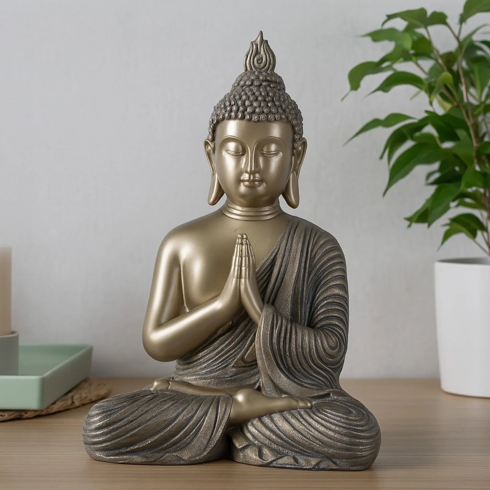 Diverse Expression Aesthetic & Calming Praying Buddha Idol 27cm in Grey Gold - HomeTown