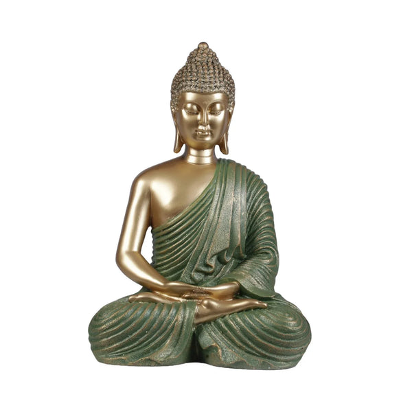 Diverse Expression Tranquil Zen Buddha Idol 28cm in Green Gold dimensions