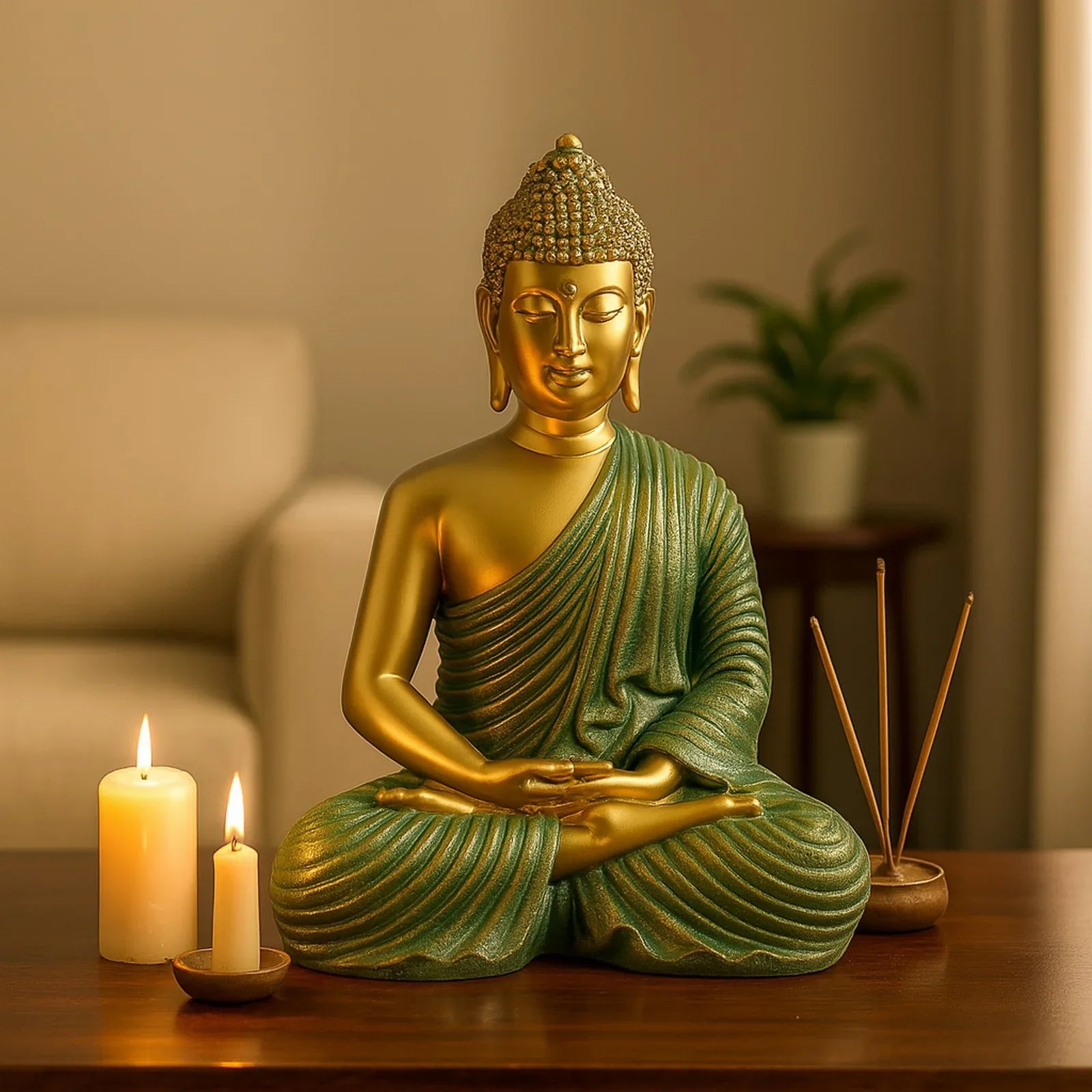 Diverse Expression Tranquil Zen Buddha Idol 28cm in Green Gold - HomeTown