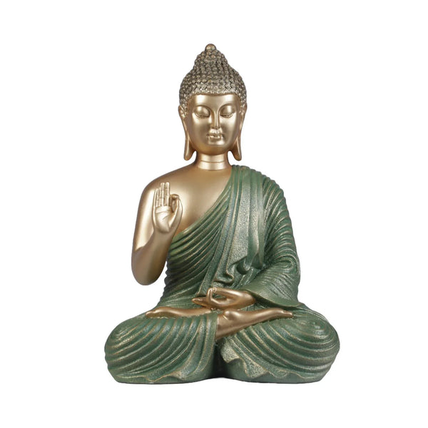 Diverse Expression Tranquil Blessing Buddha Idol 28cm in Green Gold dimensions